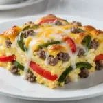 cheesy breakfast egg casserole with sausage and peppers - featured image