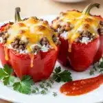 cheesy ground beef stuffed bell peppers - featured image