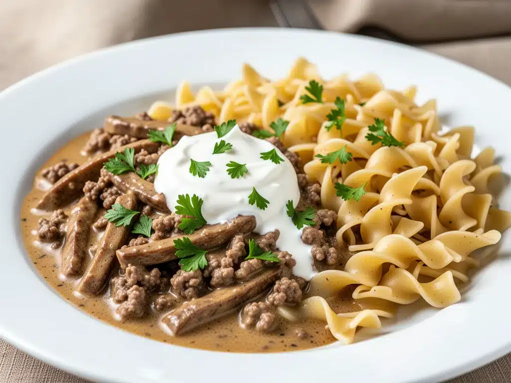 creamy ground beef stroganoff - featured image